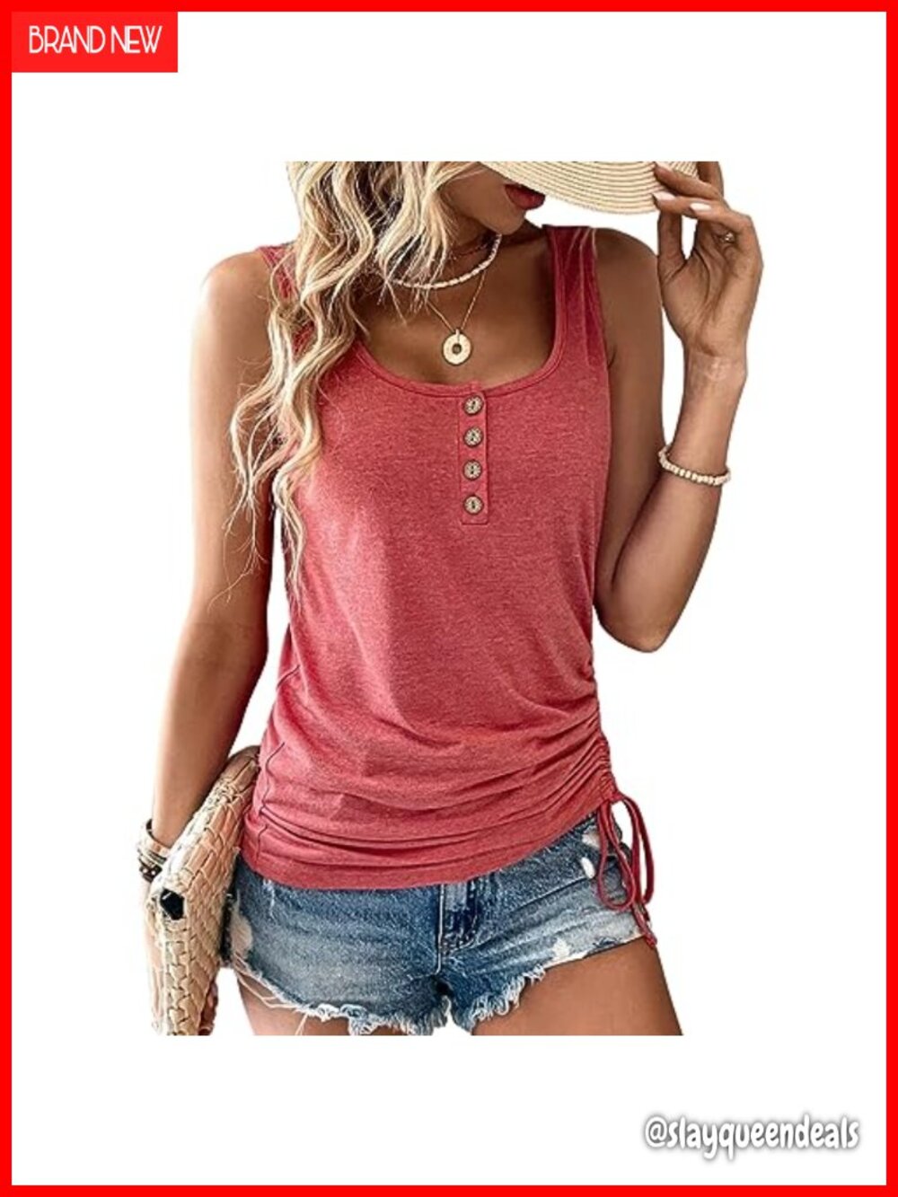 Women's Sleeveless U-Neck Henley Tank Top Loose Fit Summer Casual Shirt